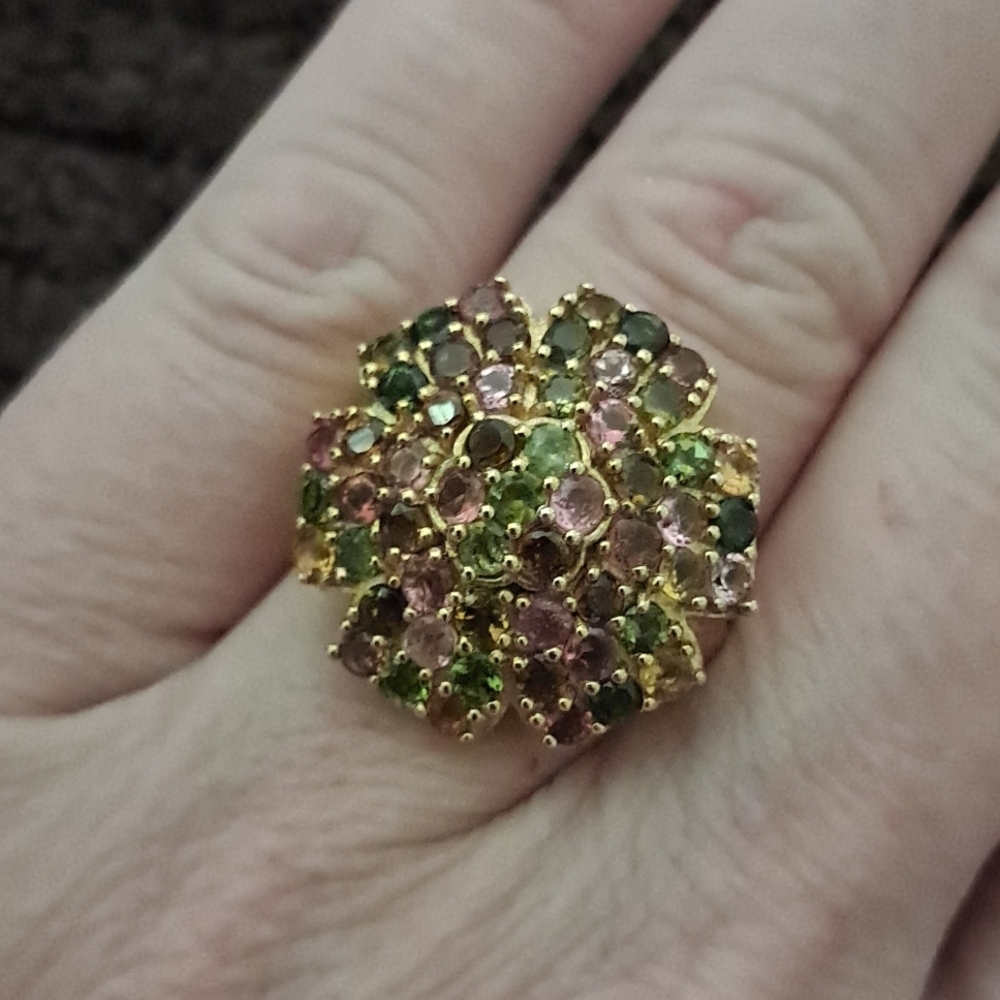 Multi-Tourmaline Floral Ring In 14k YG Vermeil Over 925 Sterling Silver - Picture 2 of 9